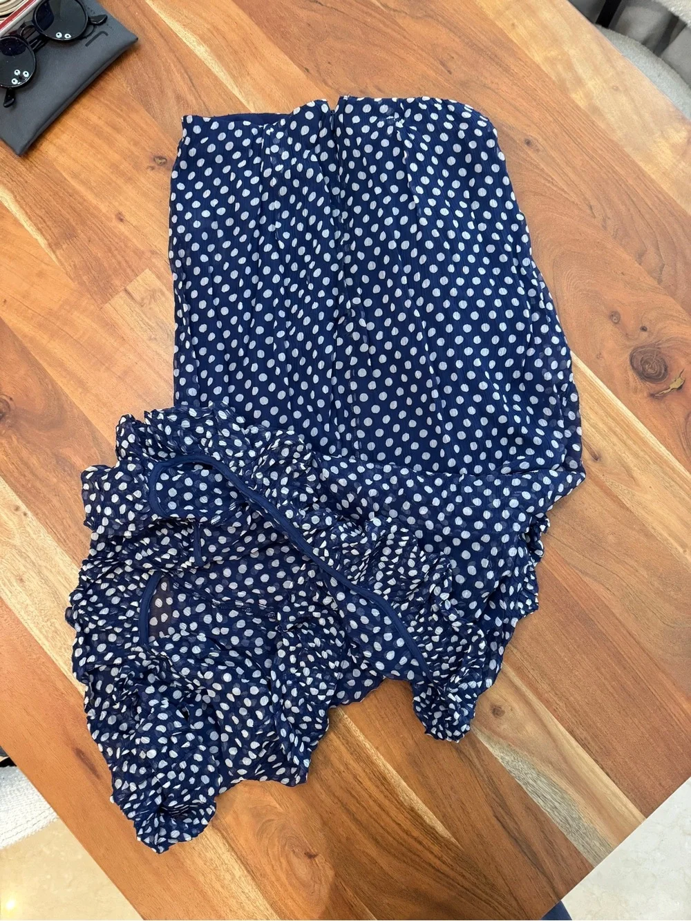 J. Crew Navy and White Polka Dot Skirt with Ruffle Detail
